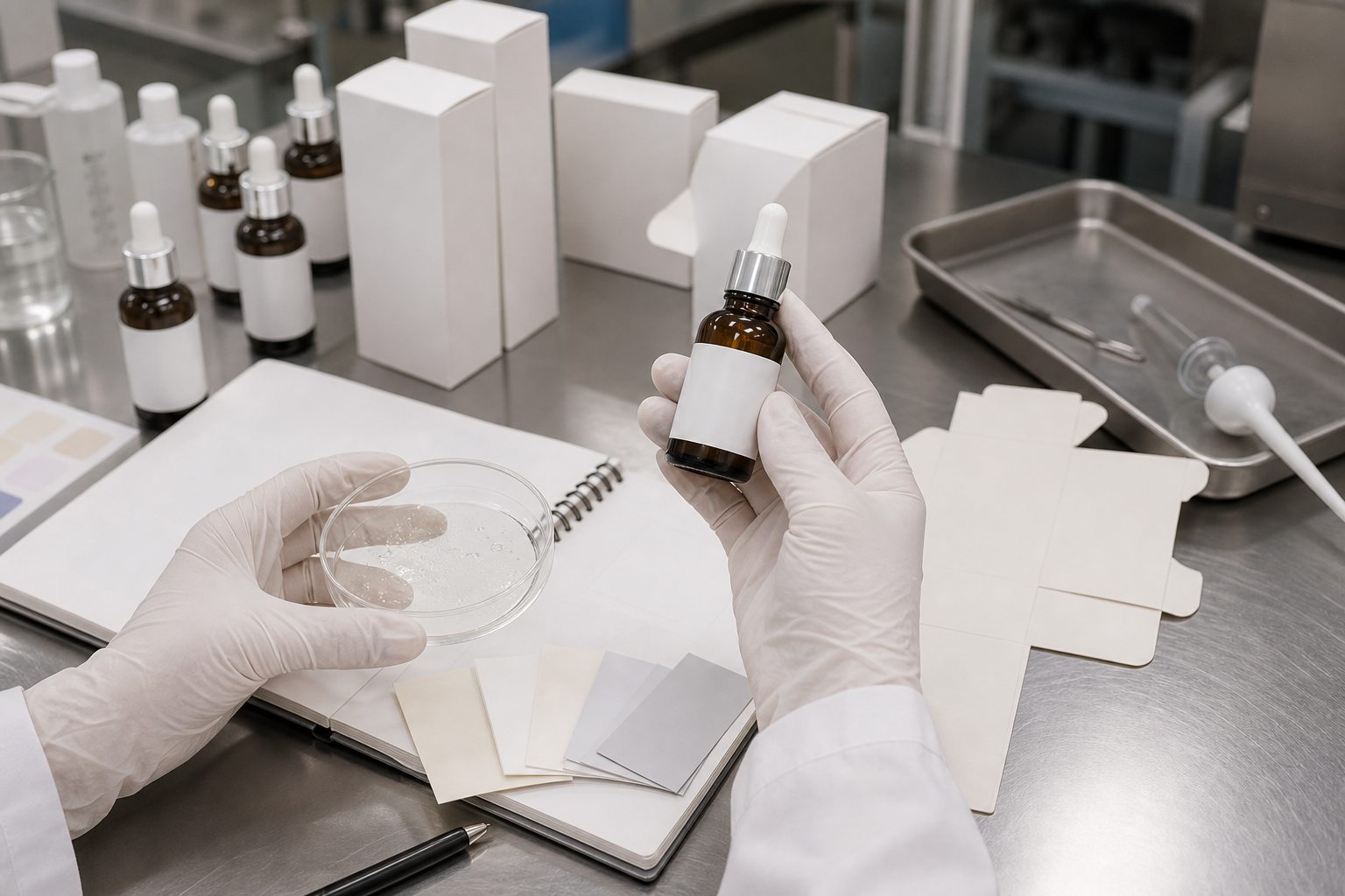 Factory QC sample review for private label vitamin C facial serum with blank bottle carton texture dish and label swatches