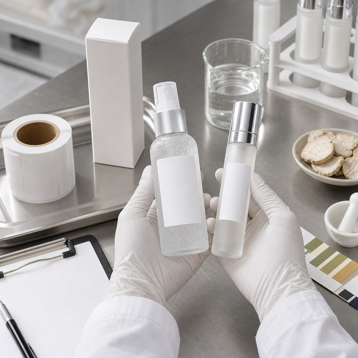 Factory QC review of fine-mist serum spray sample bottles and blank label areas