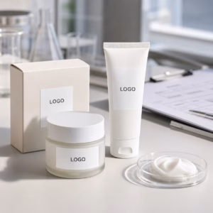 Private label youth hydrating face cream sample jar tube and carton on factory review table