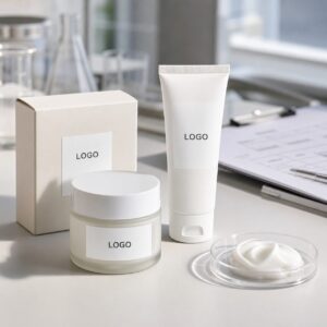 Private label youth hydrating face cream sample jar tube and carton on factory review table