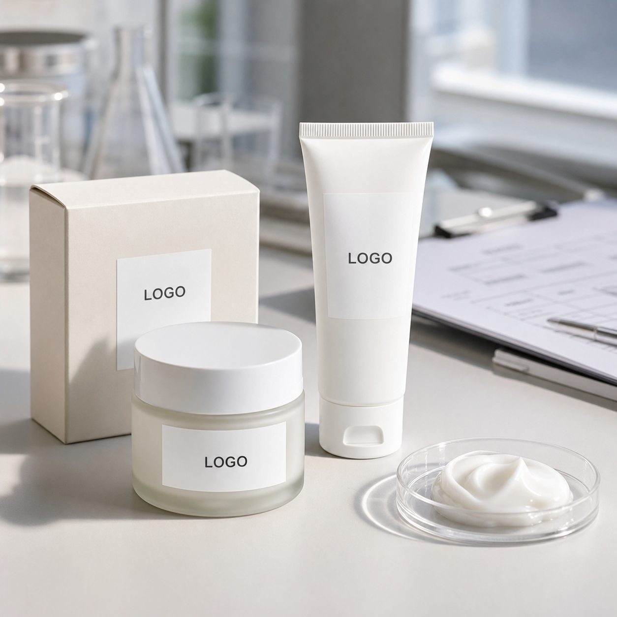 Private label youth hydrating face cream sample jar tube and carton on factory review table