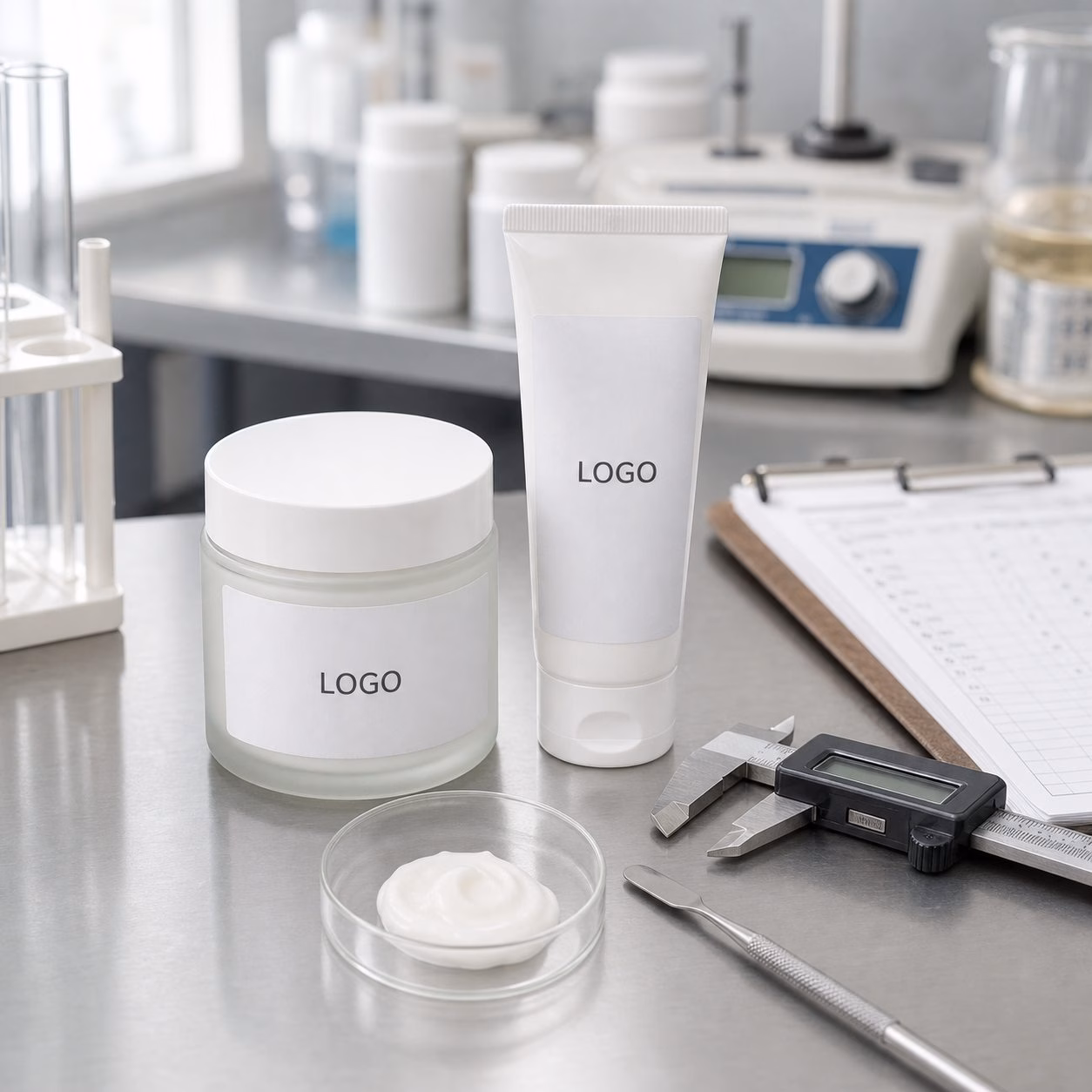 Youth hydrating face cream QC label review with jar tube cream texture sample and factory checklist