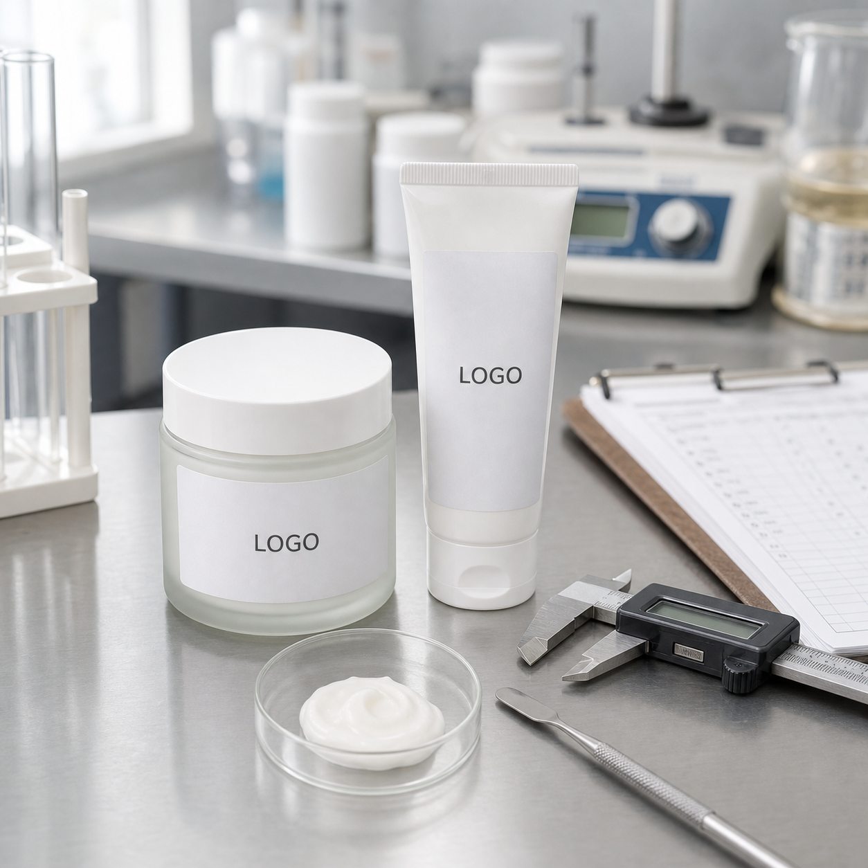 Youth hydrating face cream QC label review with jar tube cream texture sample and factory checklist