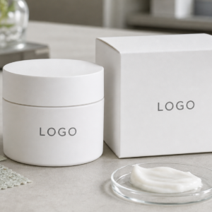 Private label lightweight daily moisture cream jar and carton with LOGO placeholder on a factory sample table