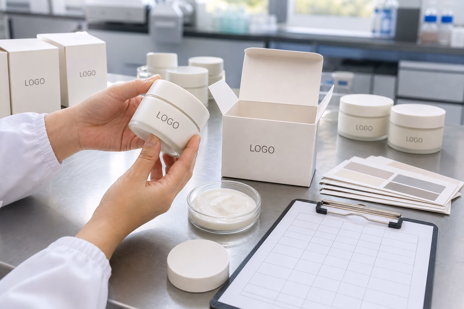 Factory QC sample review for lightweight daily moisture cream with LOGO jar carton label swatches and texture sample