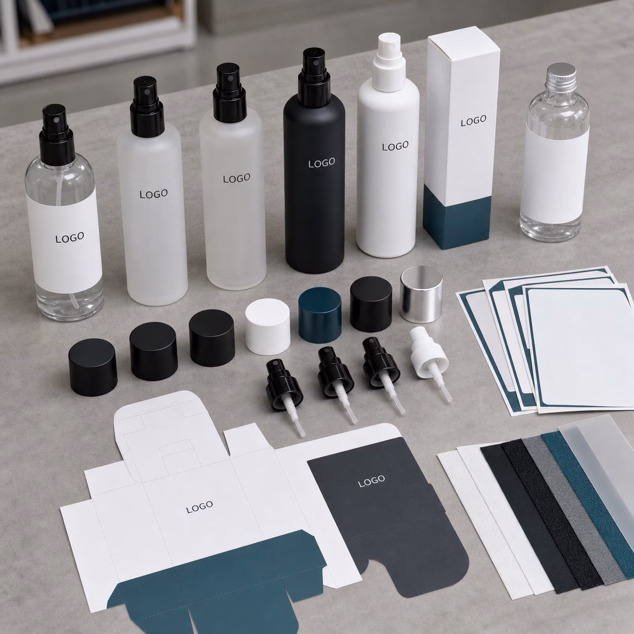 Private label men's cooling body spray packaging options with custom logo bottle and carton and cap color references