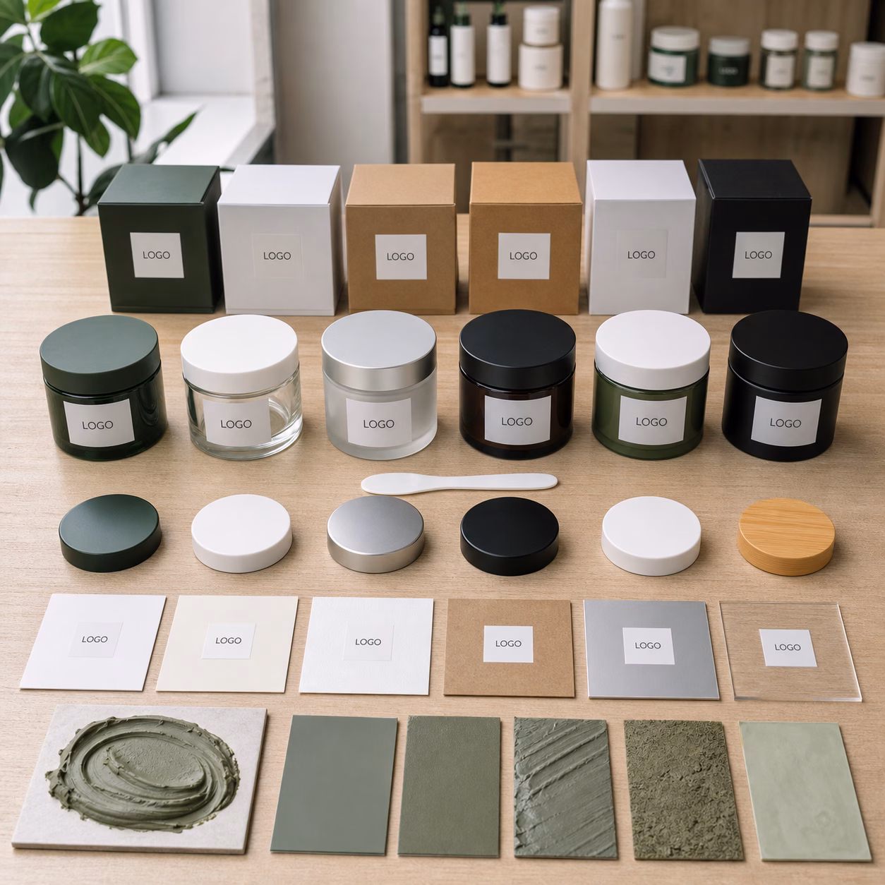Private label men's green tea clay mask packaging options with jar carton and custom logo label references