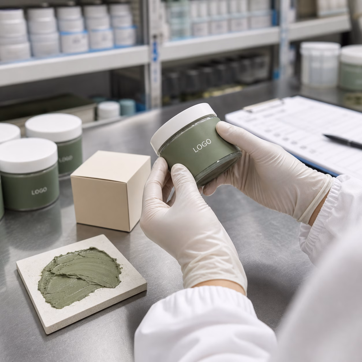 Private label men's green tea clay mask QC sample review with jar packaging texture and GUOCUI sample table