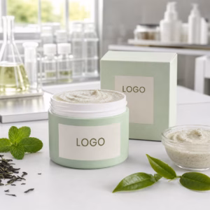 Private label mint green tea underarm scrub jar and carton sample for packaging proofing