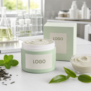 Private label mint green tea underarm scrub jar and carton with LOGO placeholder