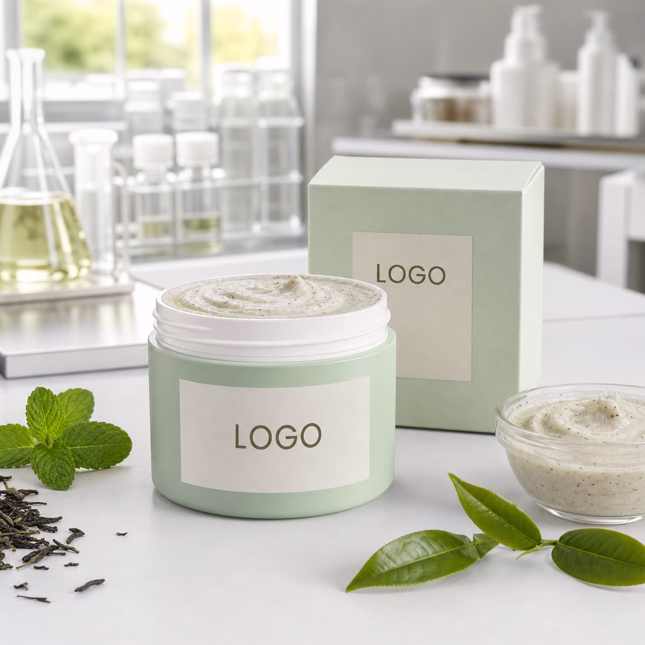Private label mint green tea underarm scrub jar and carton sample for packaging proofing