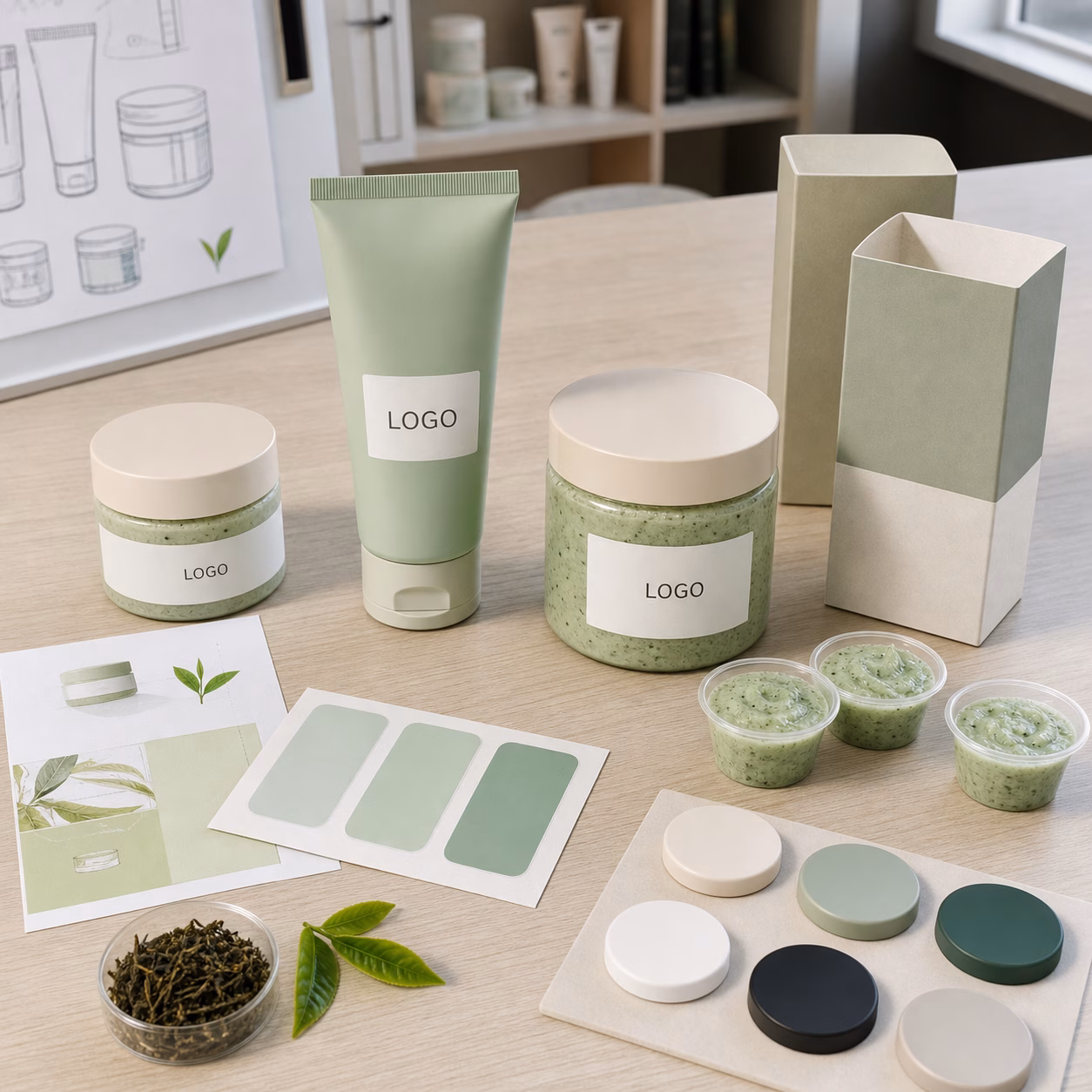 Custom jar tube carton and sample cup options for mint green tea body scrub OEM buyers