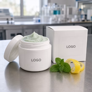 Private label mint lemon underarm scrub jar and outer box sample for packaging review