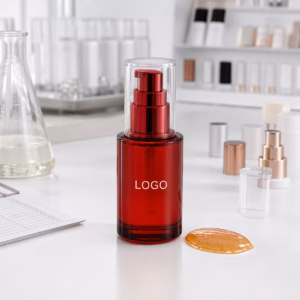 Private label NAD astaxanthin serum sample bottle and carton on factory review table
