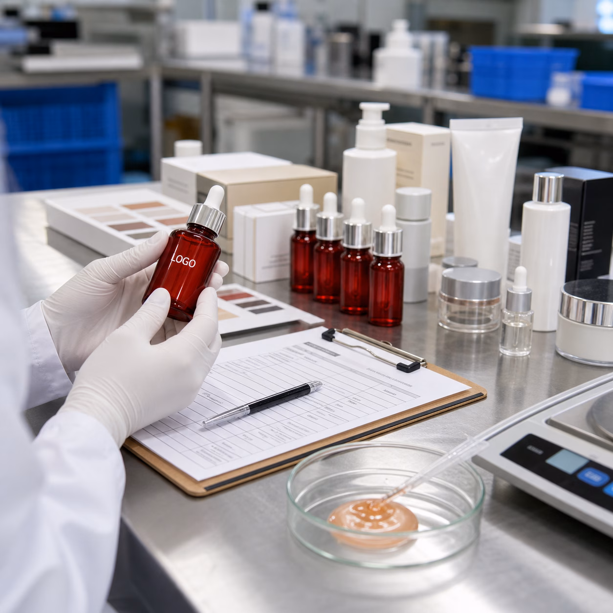 GUOCUI skincare factory QC sample review for custom serum packaging and texture