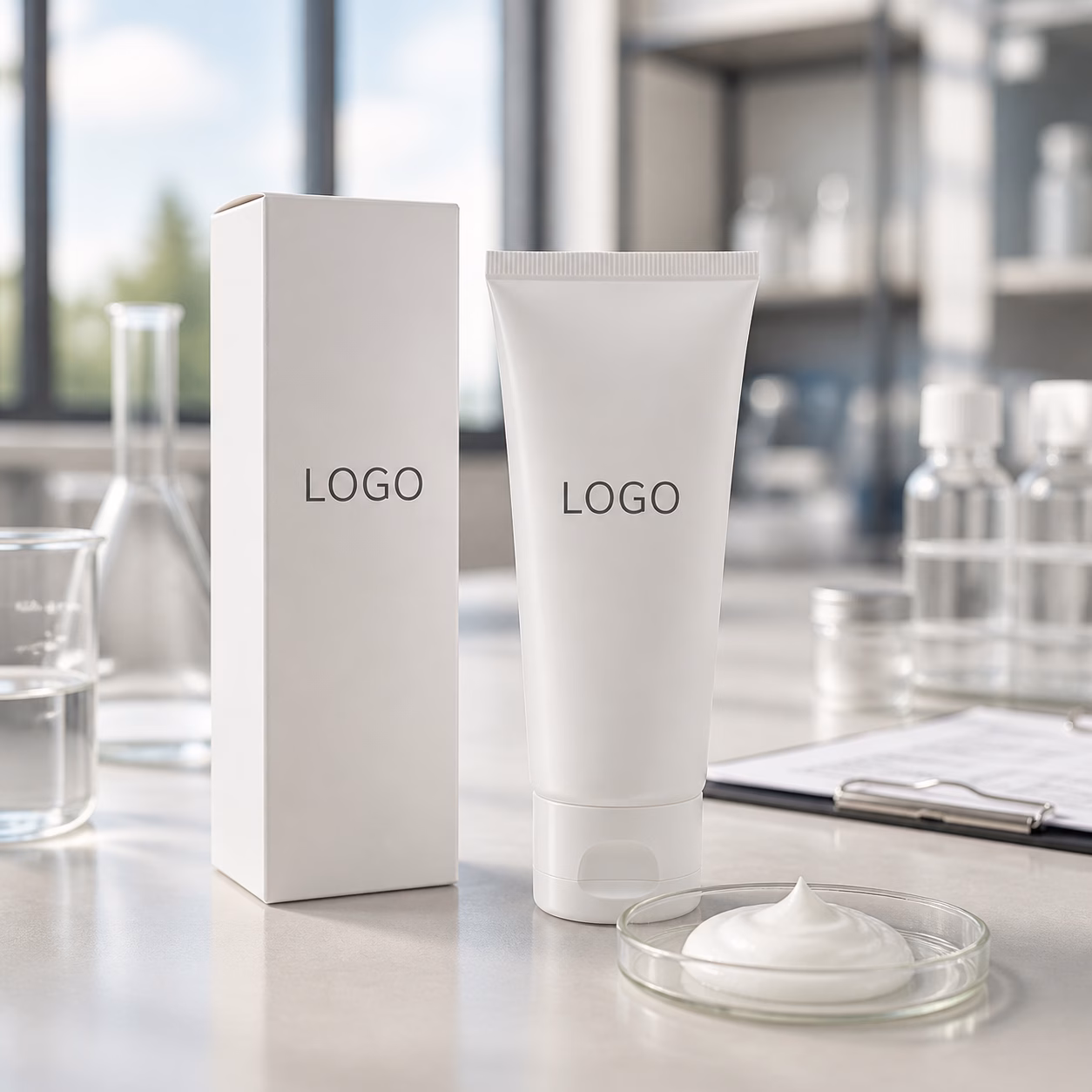 Private label facial cleanser tube and carton sample for custom logo label proofing