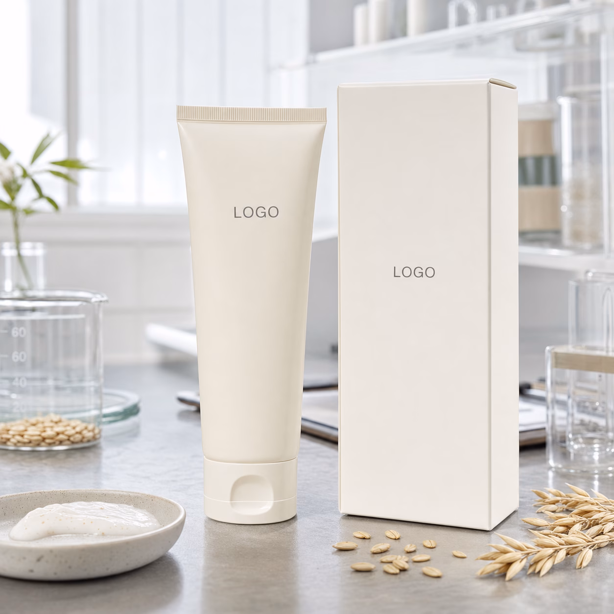 Private label oat gentle facial cleanser tube and carton sample for custom logo label review