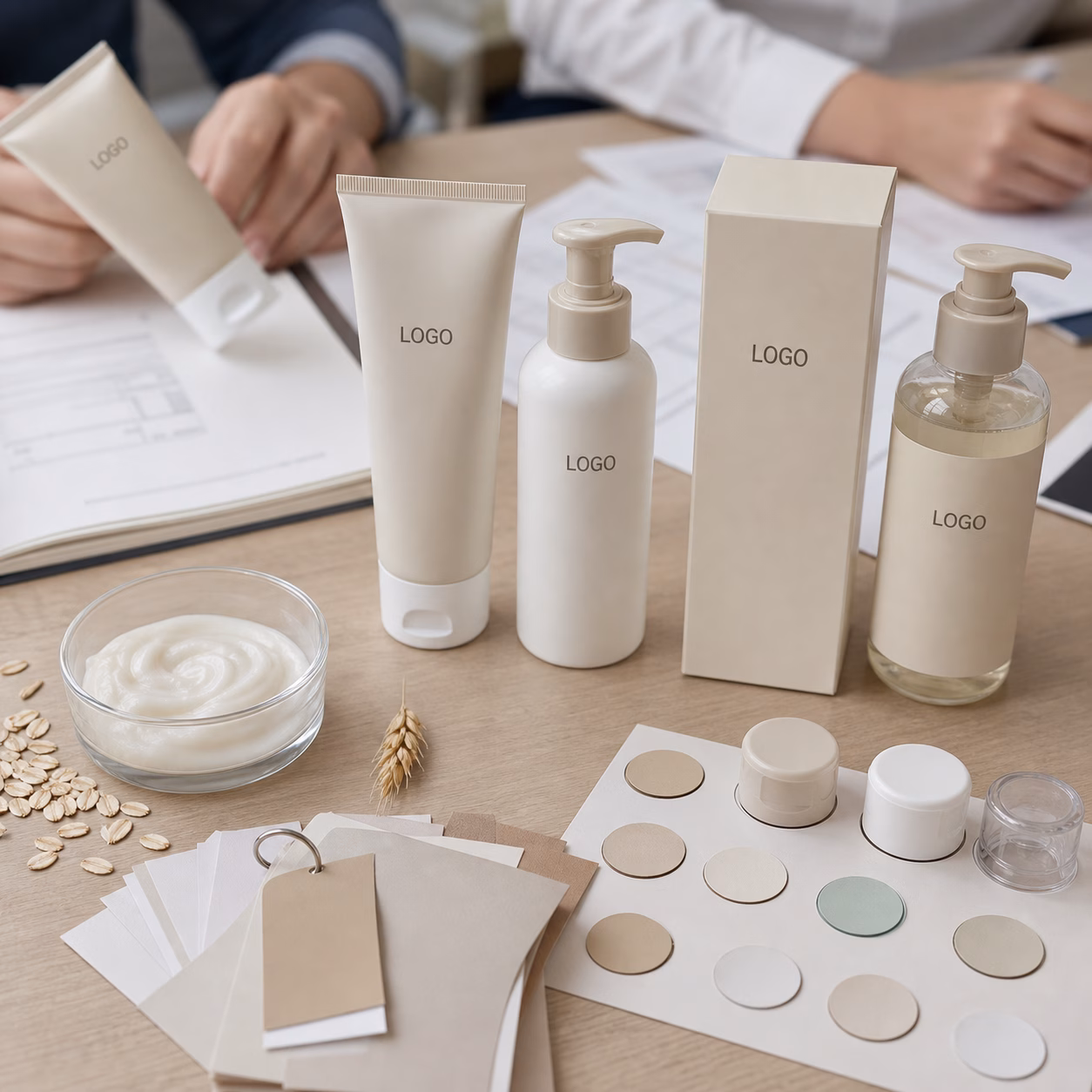 Custom tube bottle carton and label swatch options for oat facial cleanser OEM buyers
