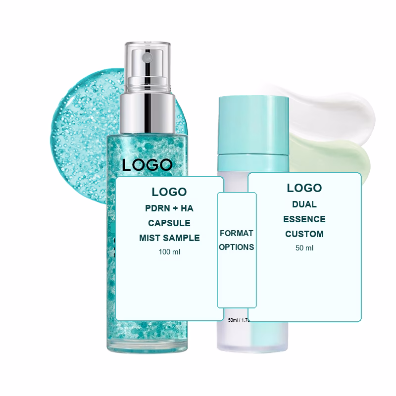 Dual format PDRN hyaluronic mist and essence sample options for private label skincare buyers