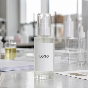 Private label PDRN NAD facial mist serum sample bottle on a clean factory table for OEM skincare buyers