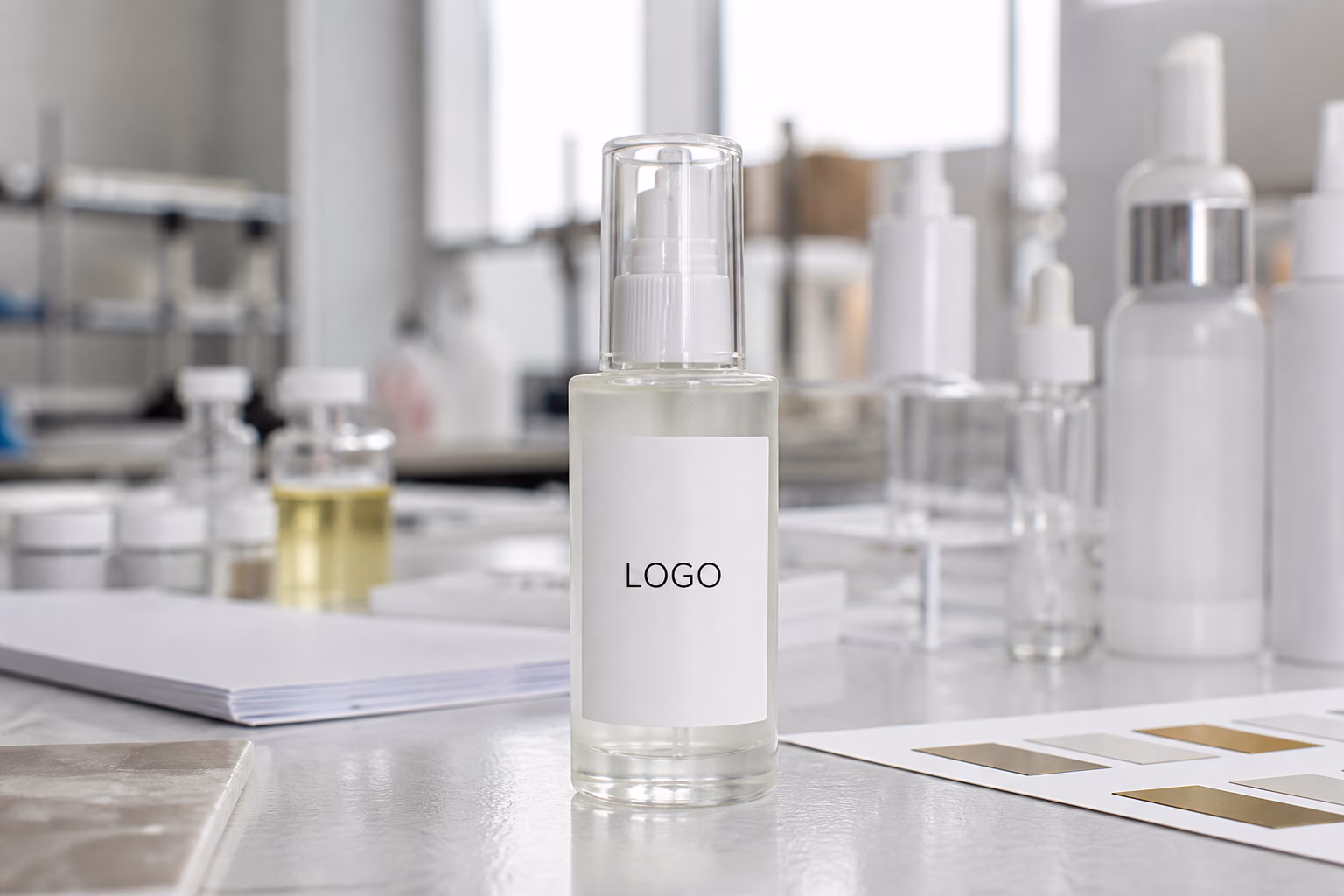 Private label PDRN NAD facial mist serum sample bottle on a clean factory table for OEM skincare buyers