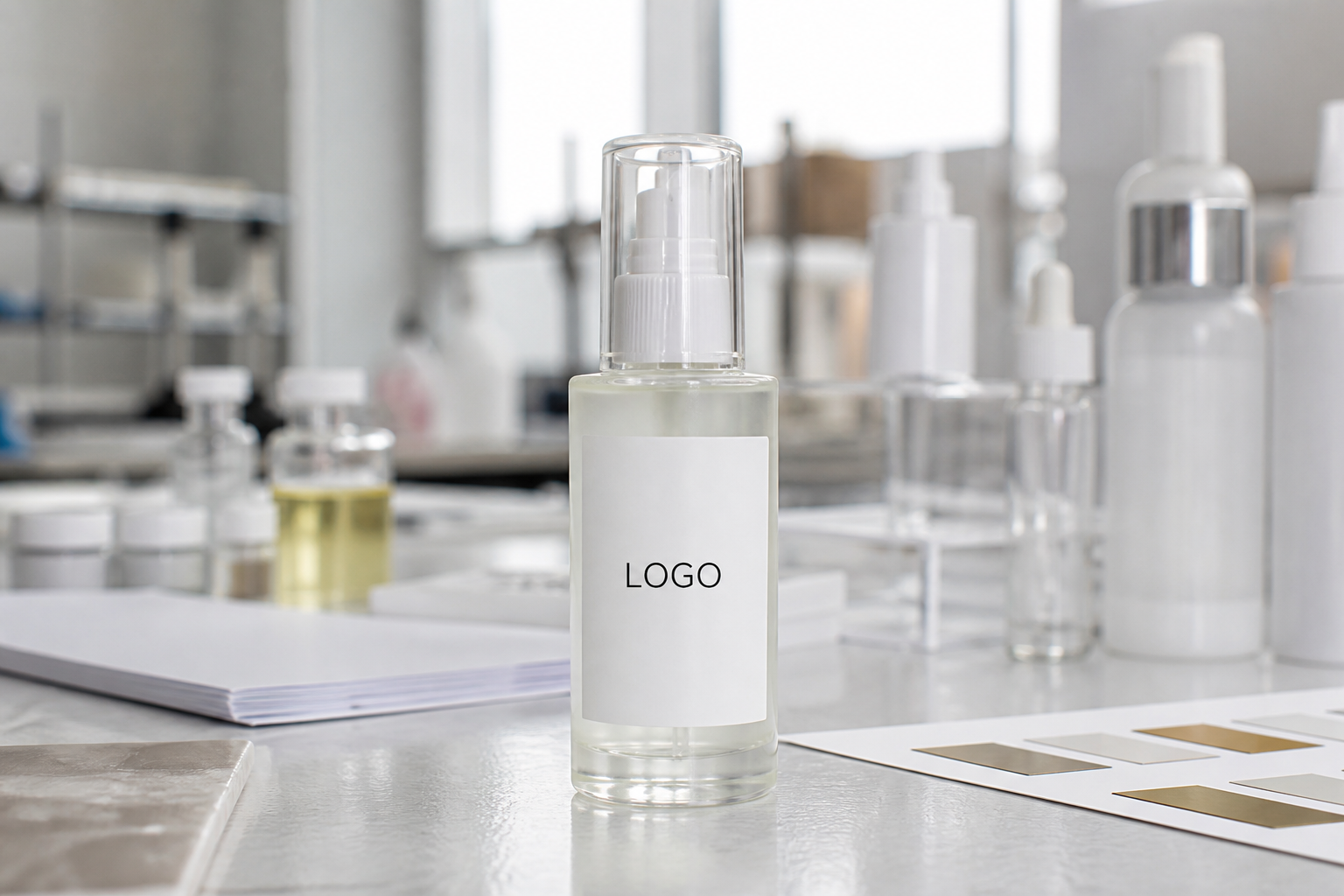 Private label PDRN NAD facial mist serum sample bottle on a clean factory table for OEM skincare buyers