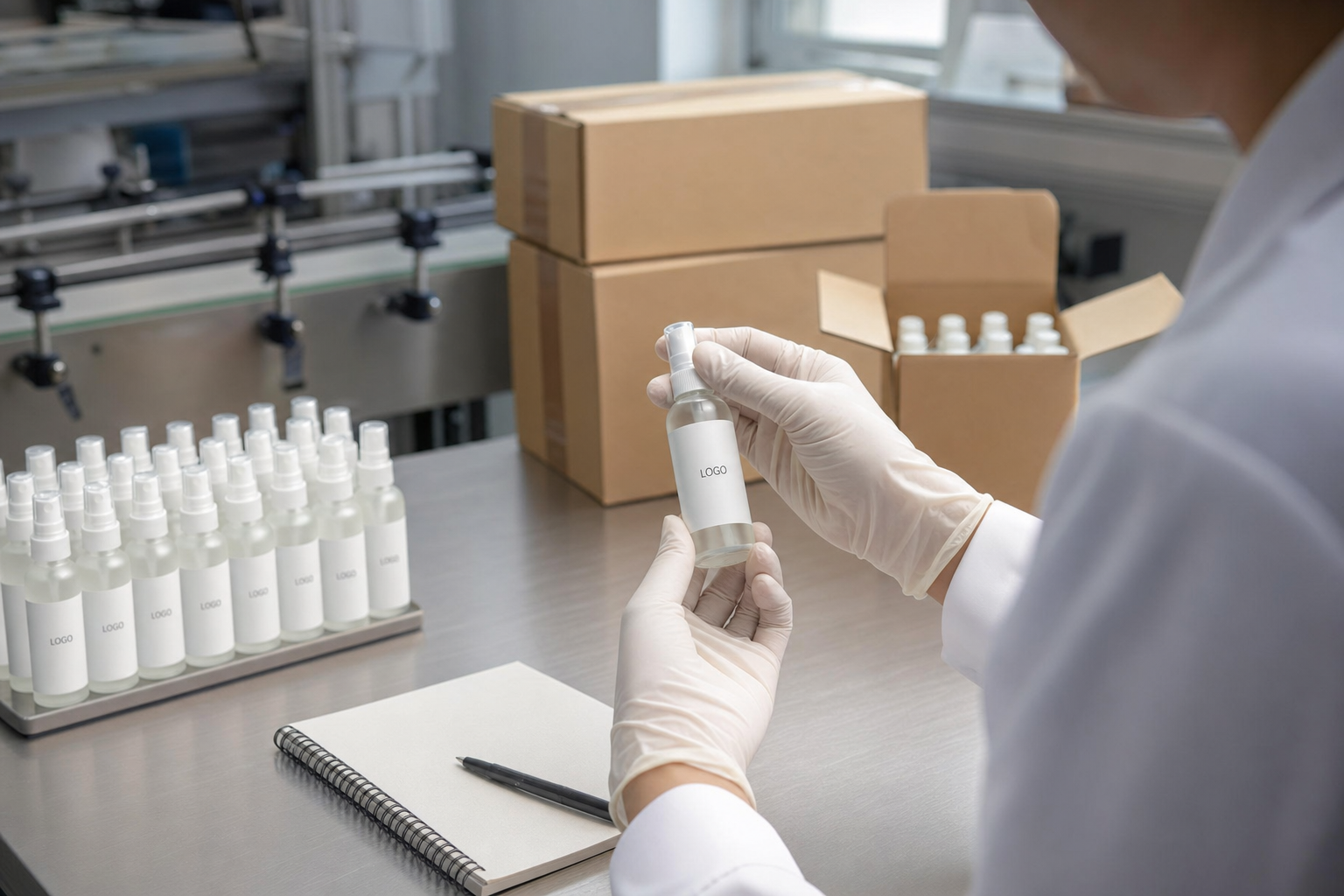 GUOCUI factory QC label review and packing preparation for private label facial mist serum samples