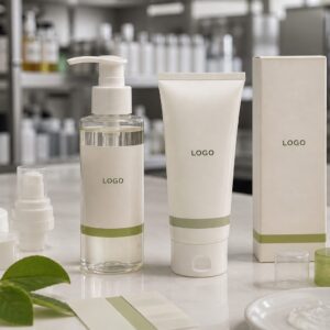 Private label pH-balanced gentle facial cleanser bottle and tube sample on factory sample table