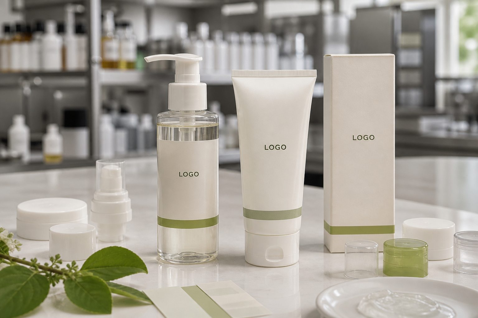Private label pH-balanced gentle facial cleanser bottle and tube sample on factory sample table