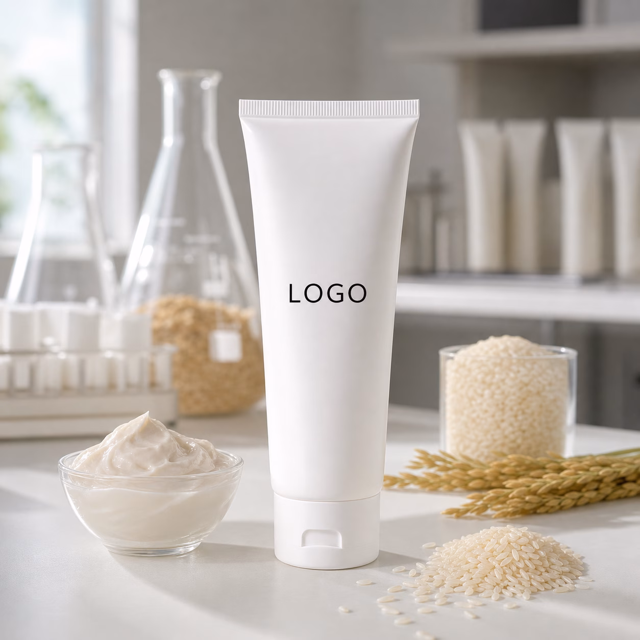 Private label rice ceramide collagen facial mask sachet and carton on GUOCUI sample table
