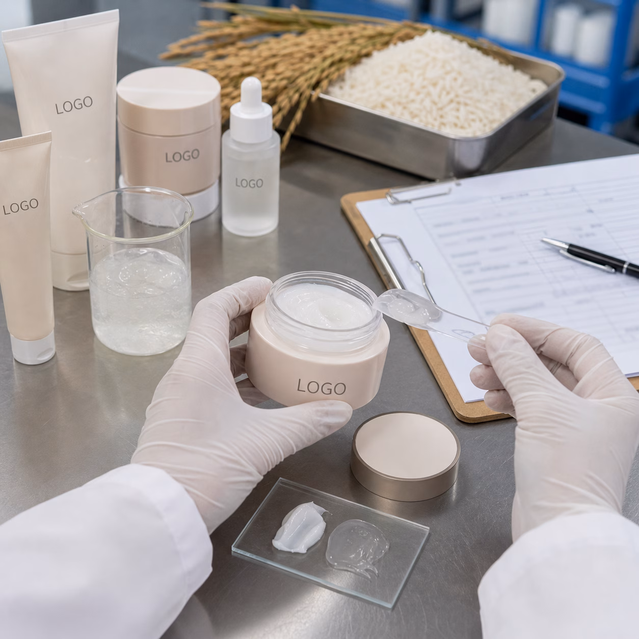 Private label rice ceramide collagen facial mask QC sample review with sachet packaging and export carton checks