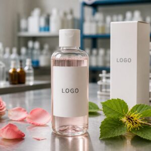 Private label rose water witch hazel facial toner sample bottle with custom logo packaging area on factory table