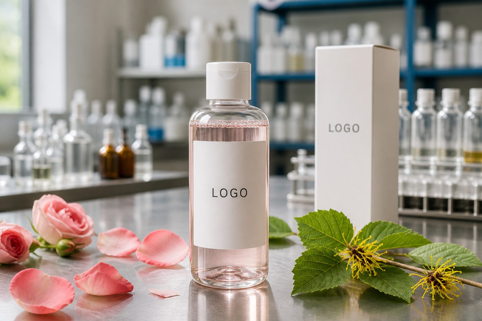Private label rose water witch hazel facial toner sample bottle with custom logo packaging area on factory table