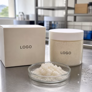 AI-generated sea salt body scrub development illustration with a neutral LOGO jar and carton