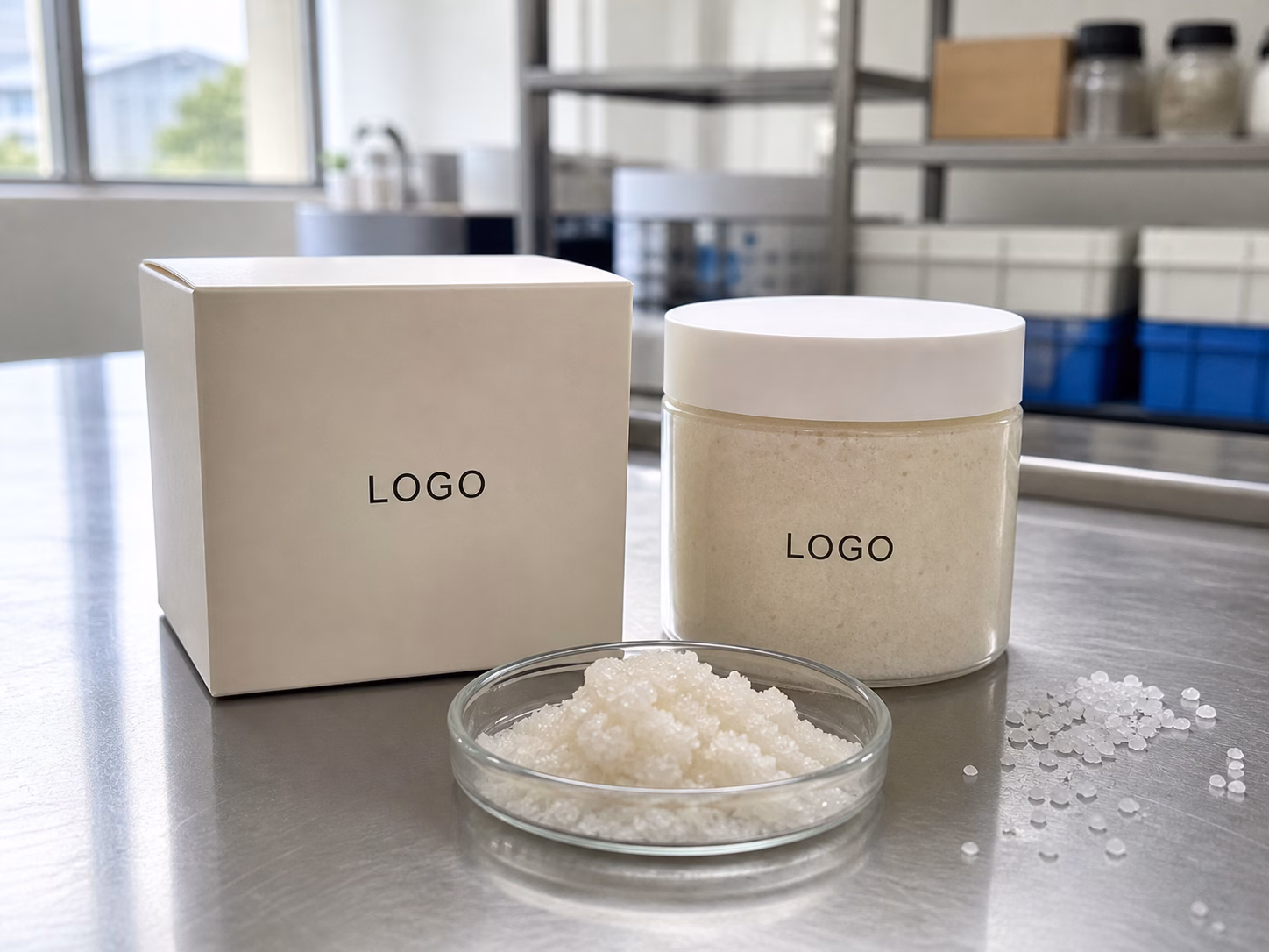 AI-generated sea salt body scrub development illustration with a neutral LOGO jar and carton