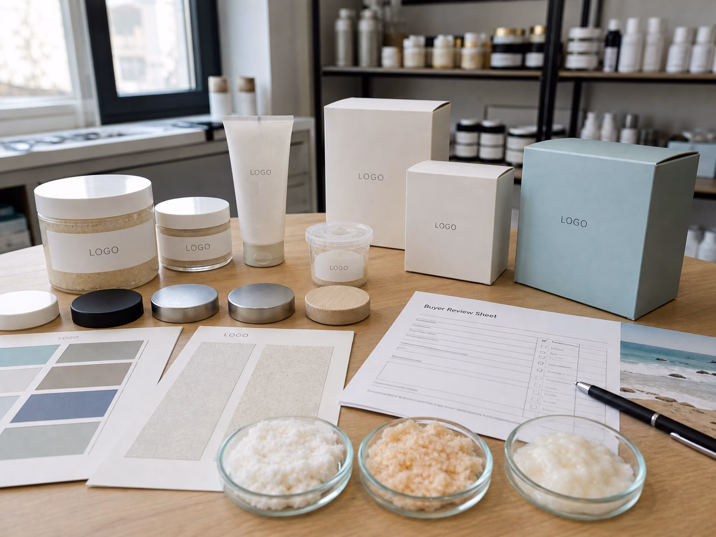 AI-generated body scrub packaging discussion illustration with jar tube sample cup and carton options