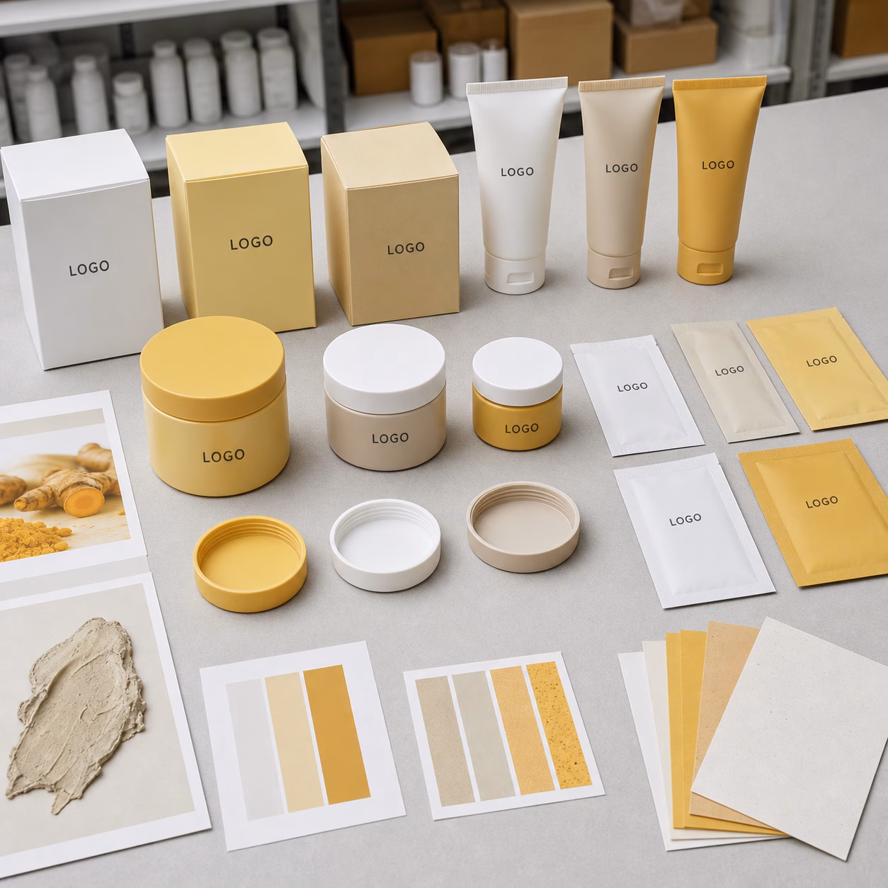 Custom jar tube sachet carton and label options for turmeric vitamin C kaolin clay mask OEM buyers