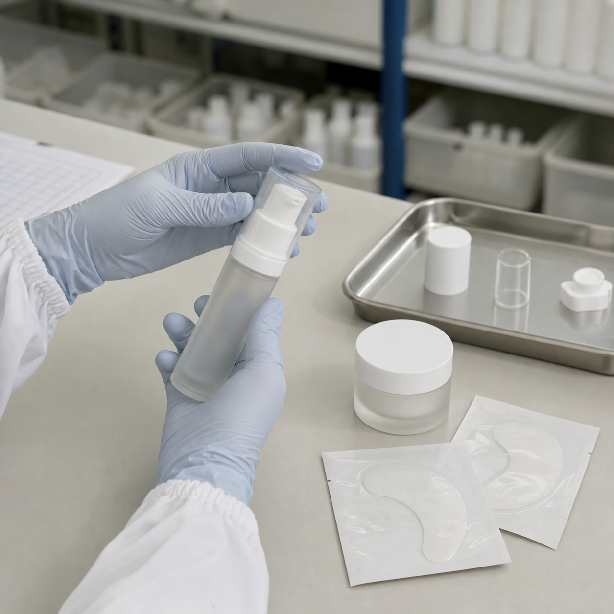 Gloved hands checking an airless serum pump beside a blank cream jar and patch sachets on a cosmetic QC table