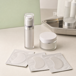 Blank airless serum bottle face cream jar and sealed under-eye patch sachets on a cosmetic factory sample table