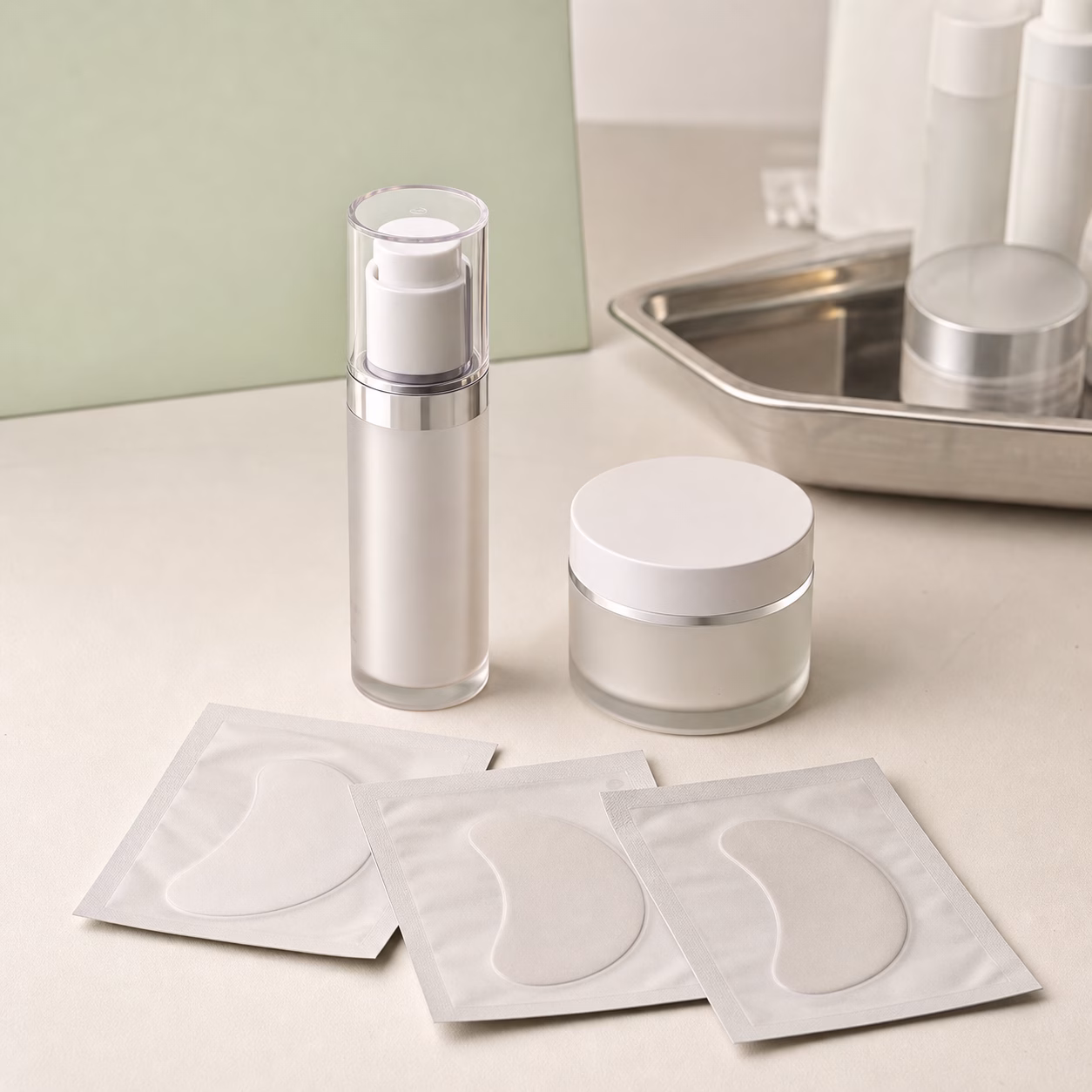 Blank airless serum bottle face cream jar and sealed under-eye patch sachets on a cosmetic factory sample table