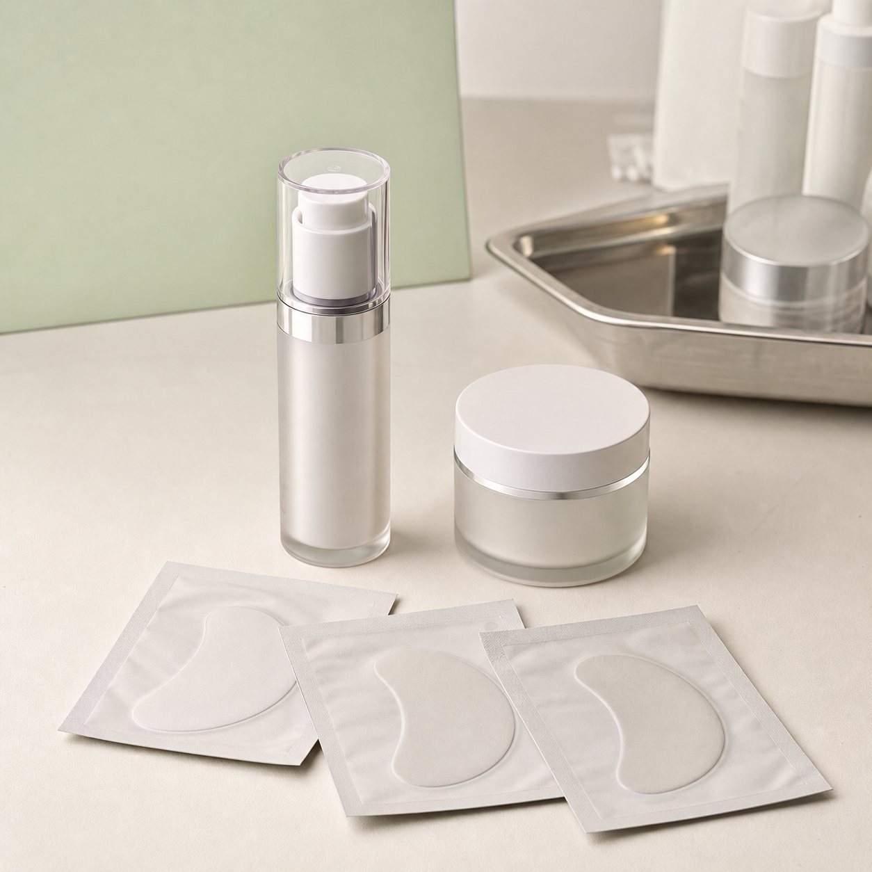Blank airless serum bottle face cream jar and sealed under-eye patch sachets on a cosmetic factory sample table