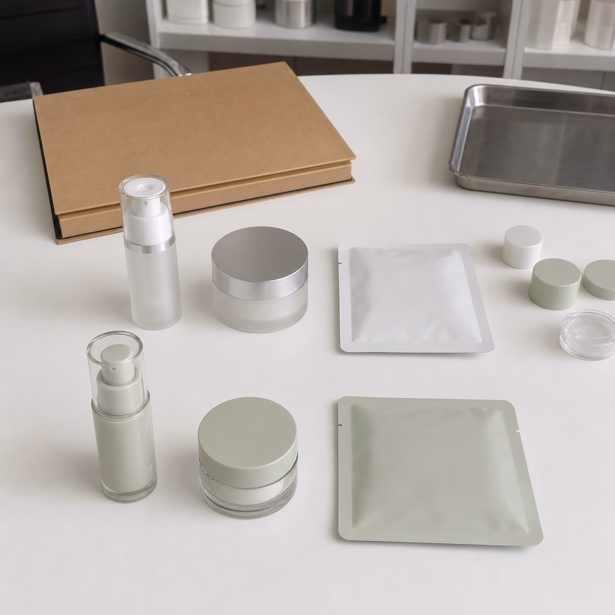 Two neutral packaging families for a custom serum cream and patch skincare set on a sample room table
