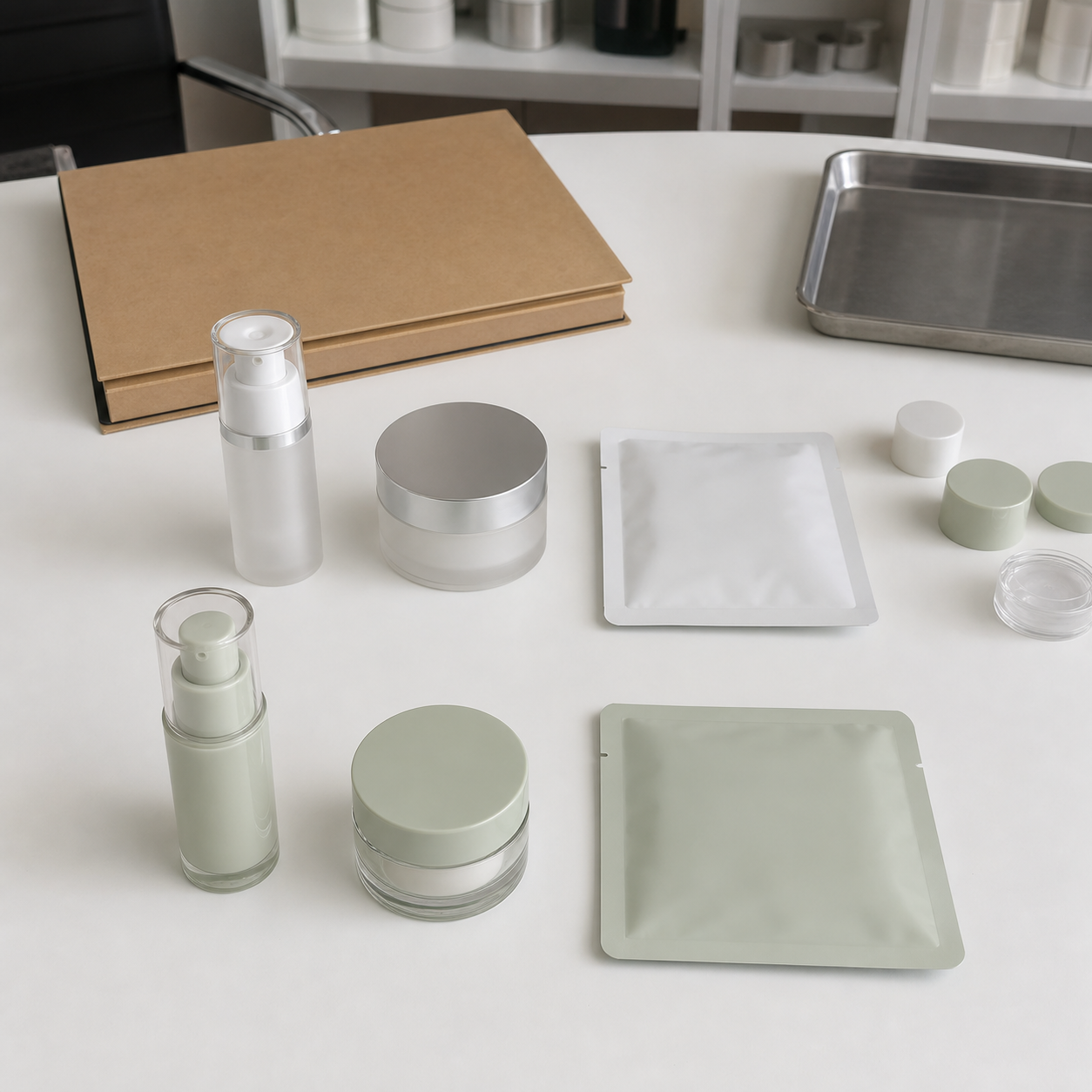 Two neutral packaging families for a custom serum cream and patch skincare set on a sample room table
