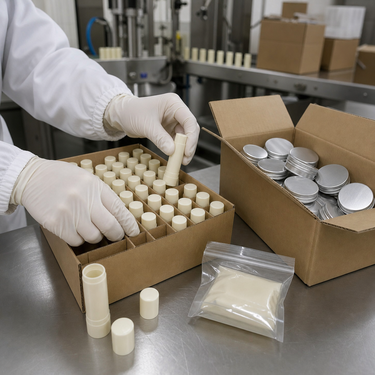 Gloved factory worker reviewing blank solid-balm tubes and tins before packing