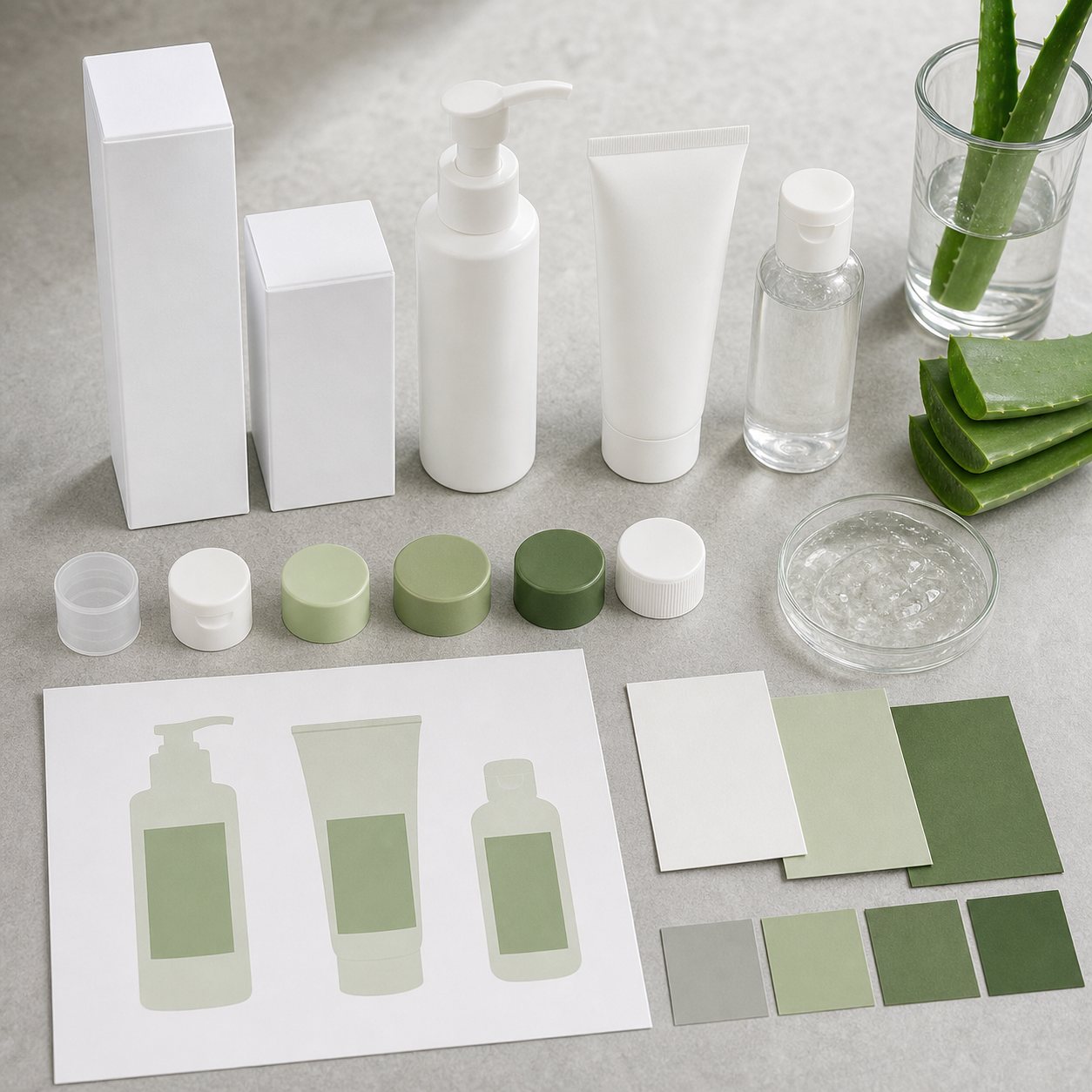 Custom logo aloe outdoor comfort gel packaging options with blank pump bottle tube travel bottle cartons and cap swatches