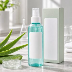 Aloe Vera Sun Care Mist blank-label sample bottles carton and texture dish on GUOCUI factory sample table