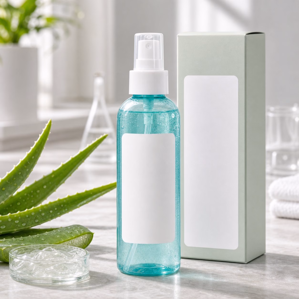 Aloe Vera Sun Care Mist blank-label sample bottles carton and texture dish on GUOCUI factory sample table