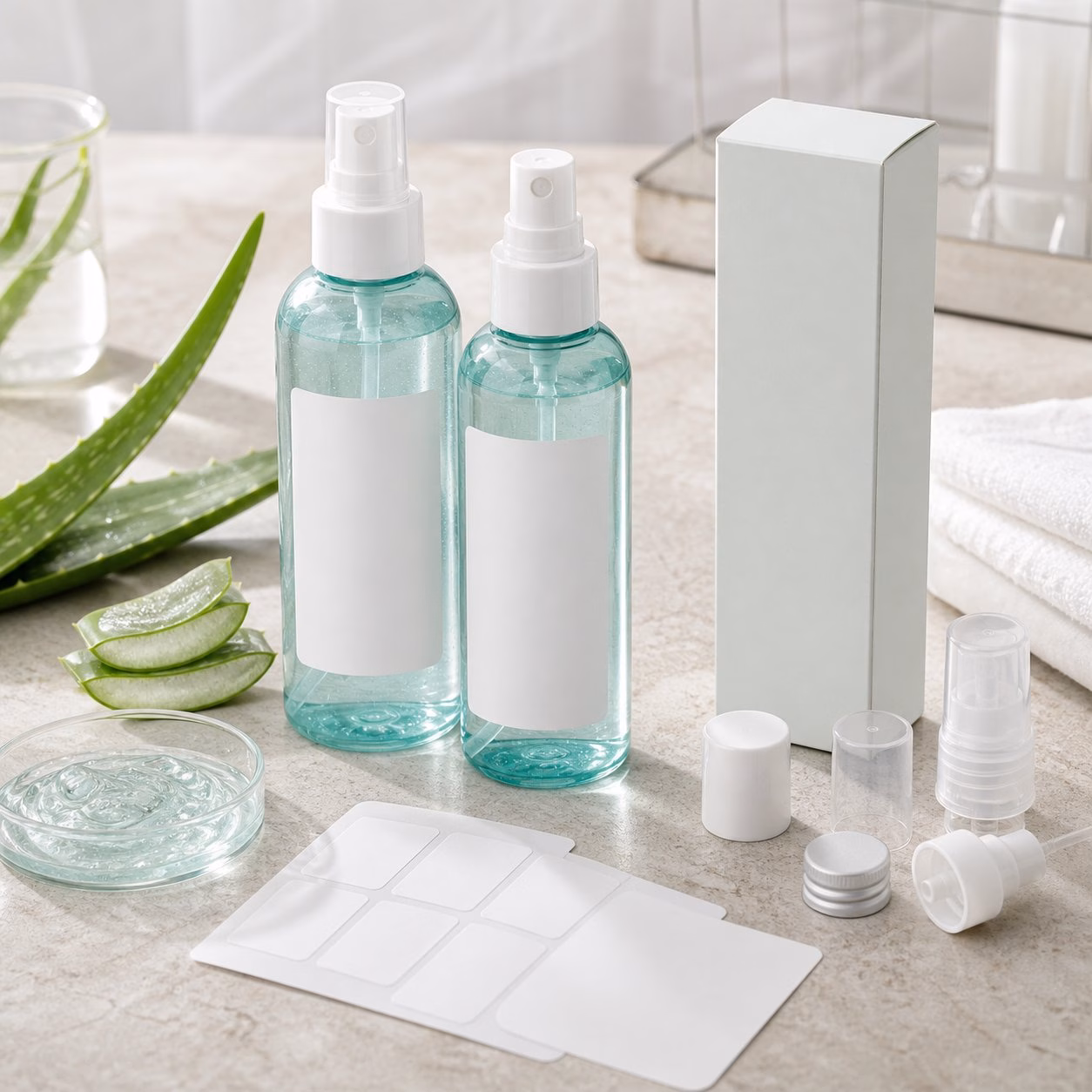 Aloe Vera Sun Care Mist blank bottle pouch tube carton caps swatches and texture samples for custom packaging review