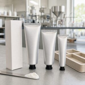 Blank aluminum hand cream tubes carton and cream sample on a cosmetics factory sample table for private label buyers