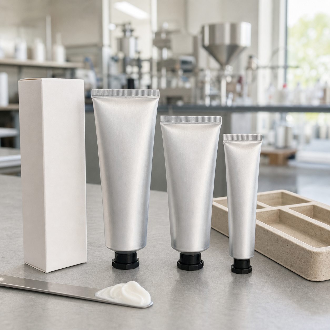 Blank aluminum hand cream tubes carton and cream sample on a cosmetics factory sample table for private label buyers